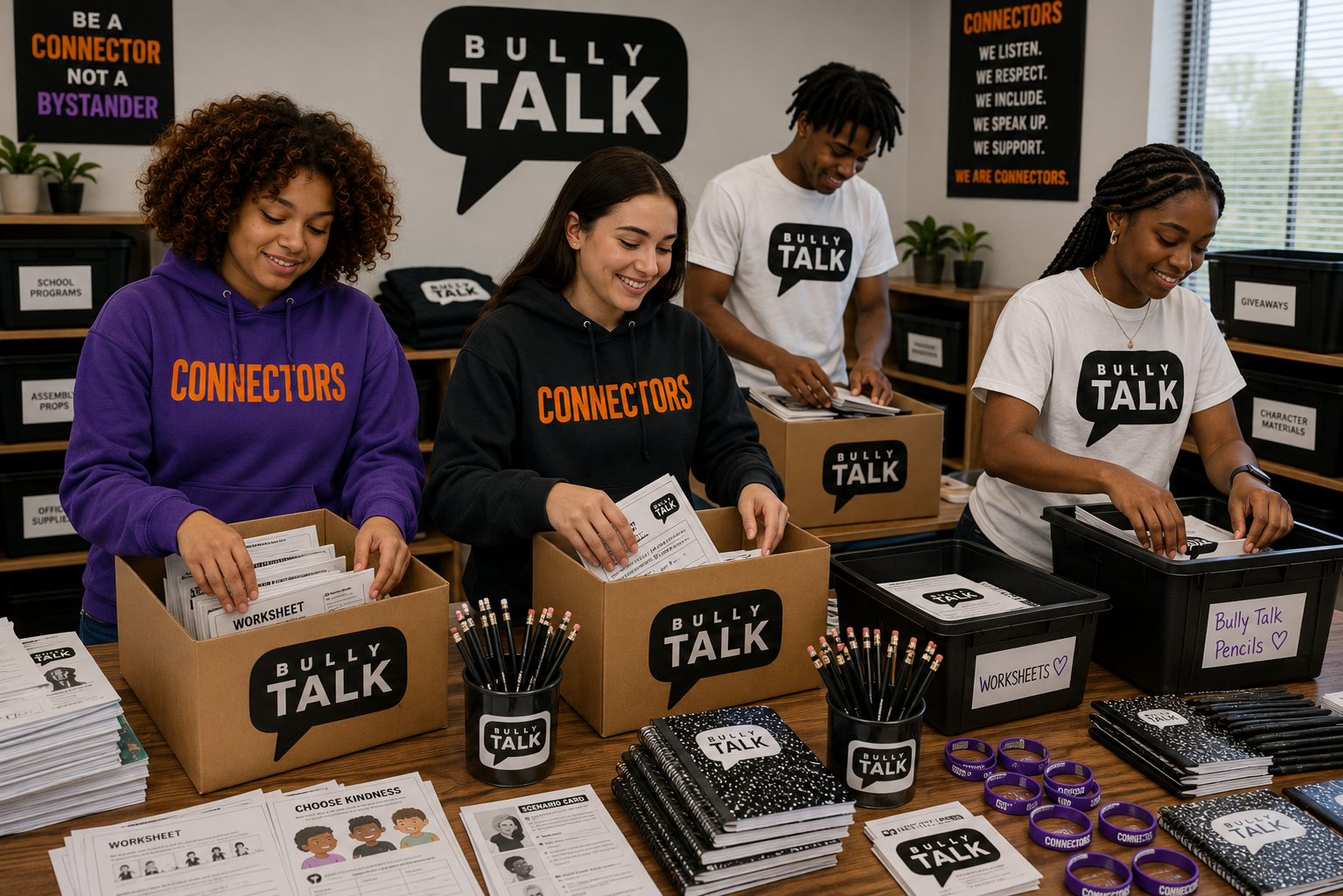 Bully Talk Connectors packing branded educational materials and worksheets