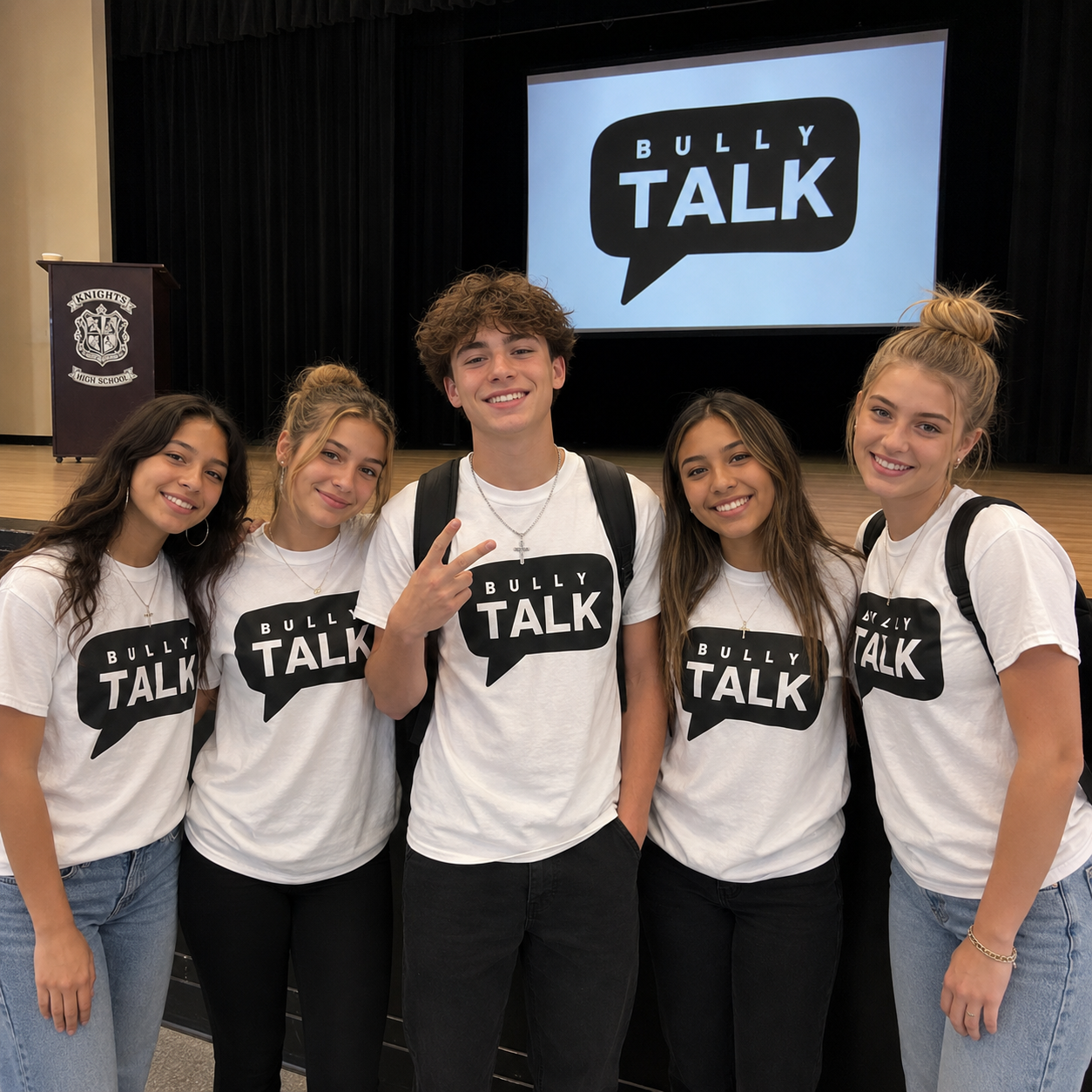 Five students wearing Bully Talk shirts on the auditorium stage at Knights High School