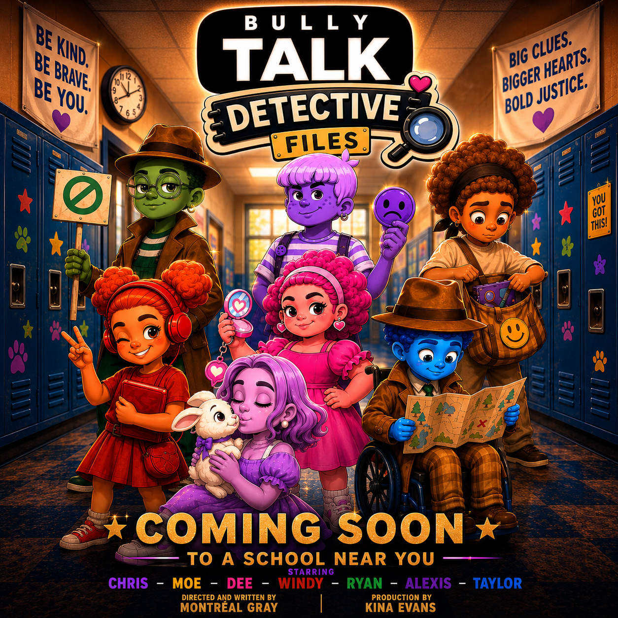 Bully Talk: Detective Files animated anti-bullying film poster — diverse student cast