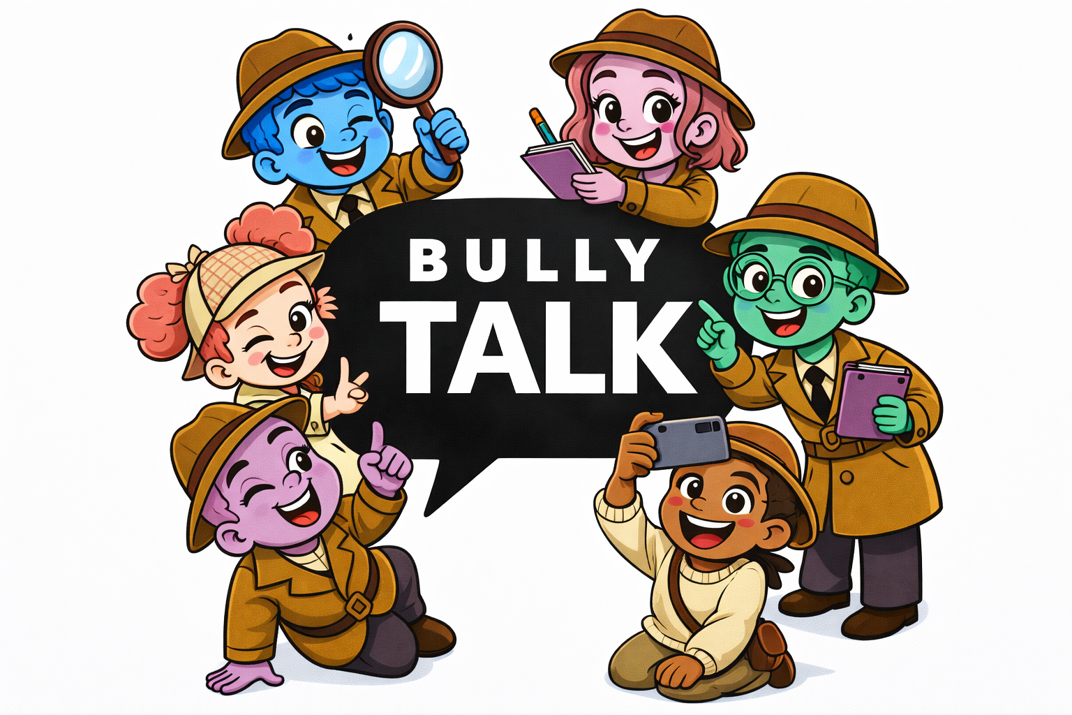 Bully Talk detective-kids mascot — diverse student investigators in trench coats gathered around a speech bubble logo