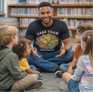 CARE Team member leaning in to talk with a group of engaged students in a classroom