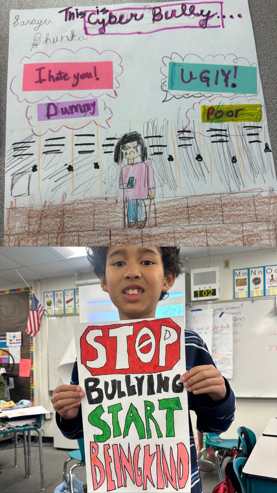 Student's hand-drawn anti-bullying poster with a smiling classmate
