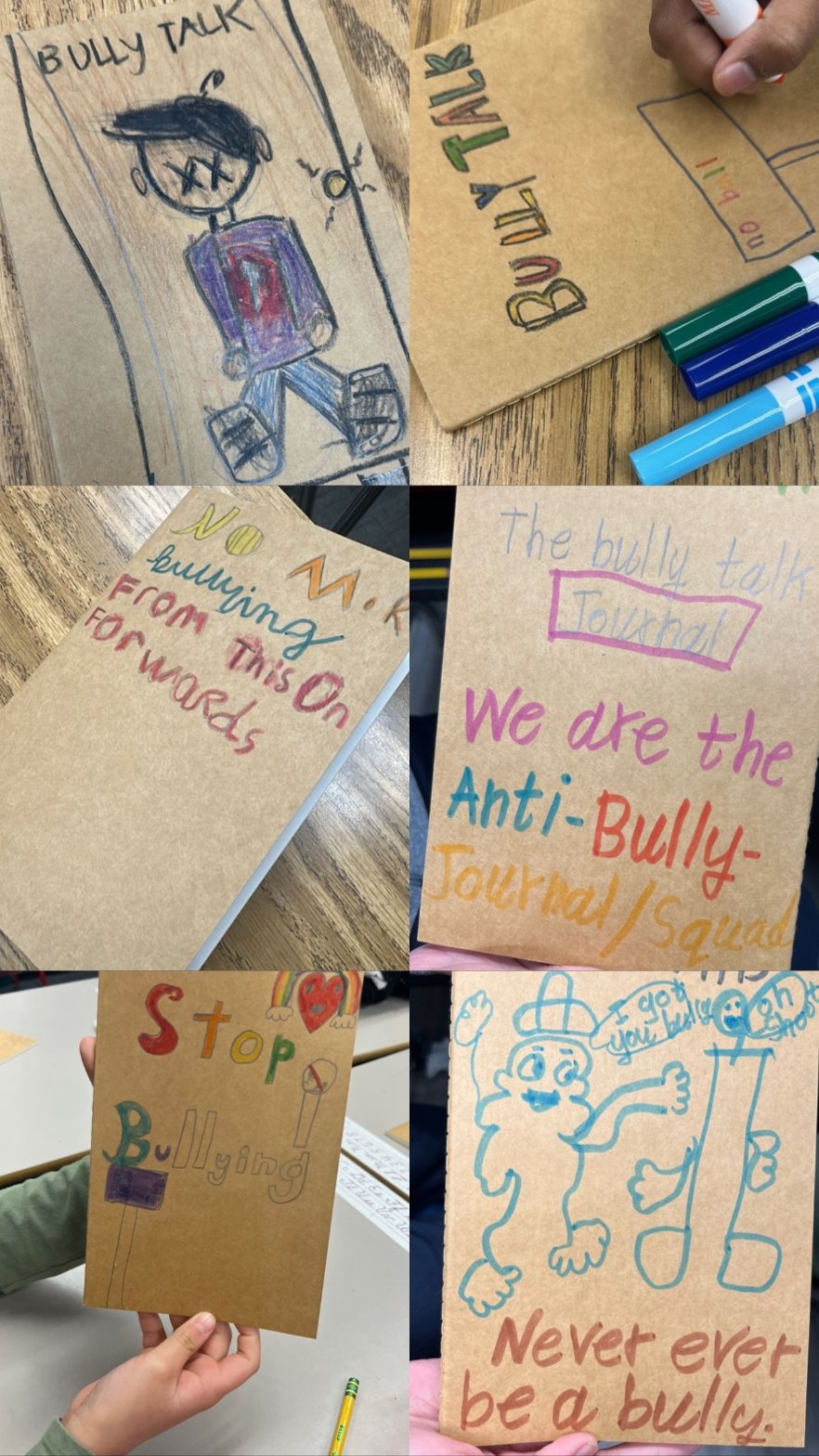 Collage of students' hand-decorated Bully Talk journals