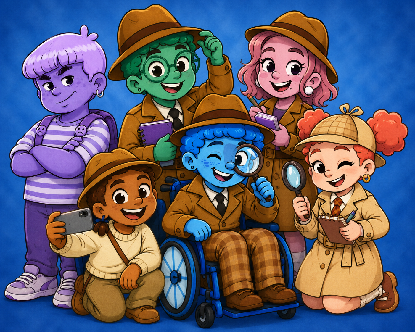 Bully Talk Village — diverse detective-kids mascot squad, including a child in a wheelchair, representing the inclusive community coming soon